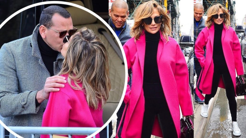 Jennifer Lopez in a hot pink coat as kiss with new fiance Alex Rodriguez in NYC Jennifer Lopez in a hot pink coat as kiss with new fiance Alex Rodriguez in NYC